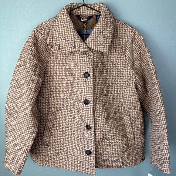 Nwt Lands' End Insulated Packable Quilted Jacket Women Lg Petite Tan Houndstooth - Picture 1 of 9